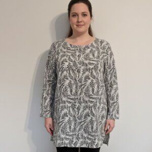 Tahari 100% Linen Shirt 2X European Flax Leaf Print Roll-Tab Coastal Lagenlook